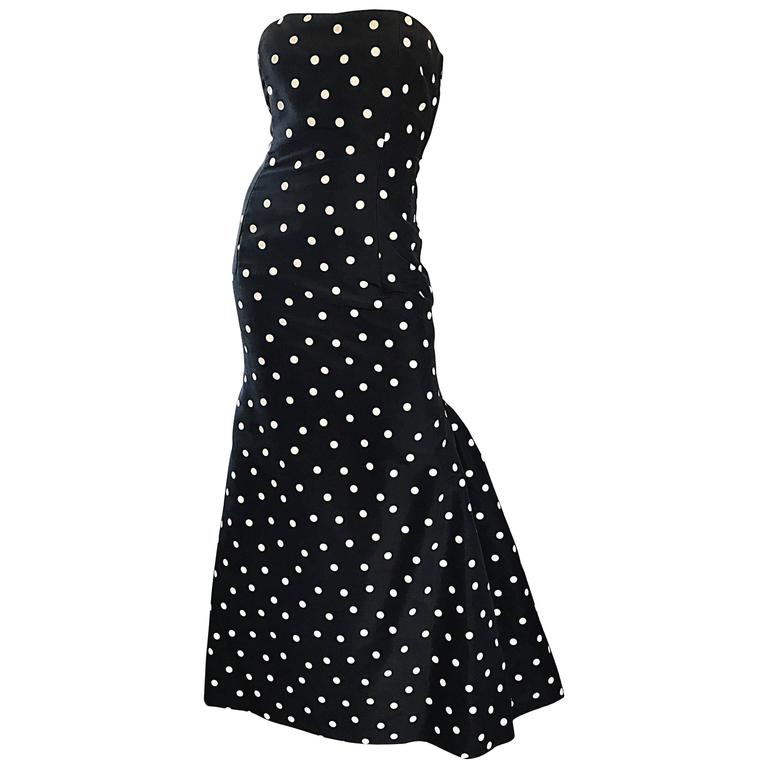 Vintage Oscar De La A Black And White Polka Dot Strapless Vintage Oscar De La A Black And White Polka Dot Strapless Mermaid Gown Dress For