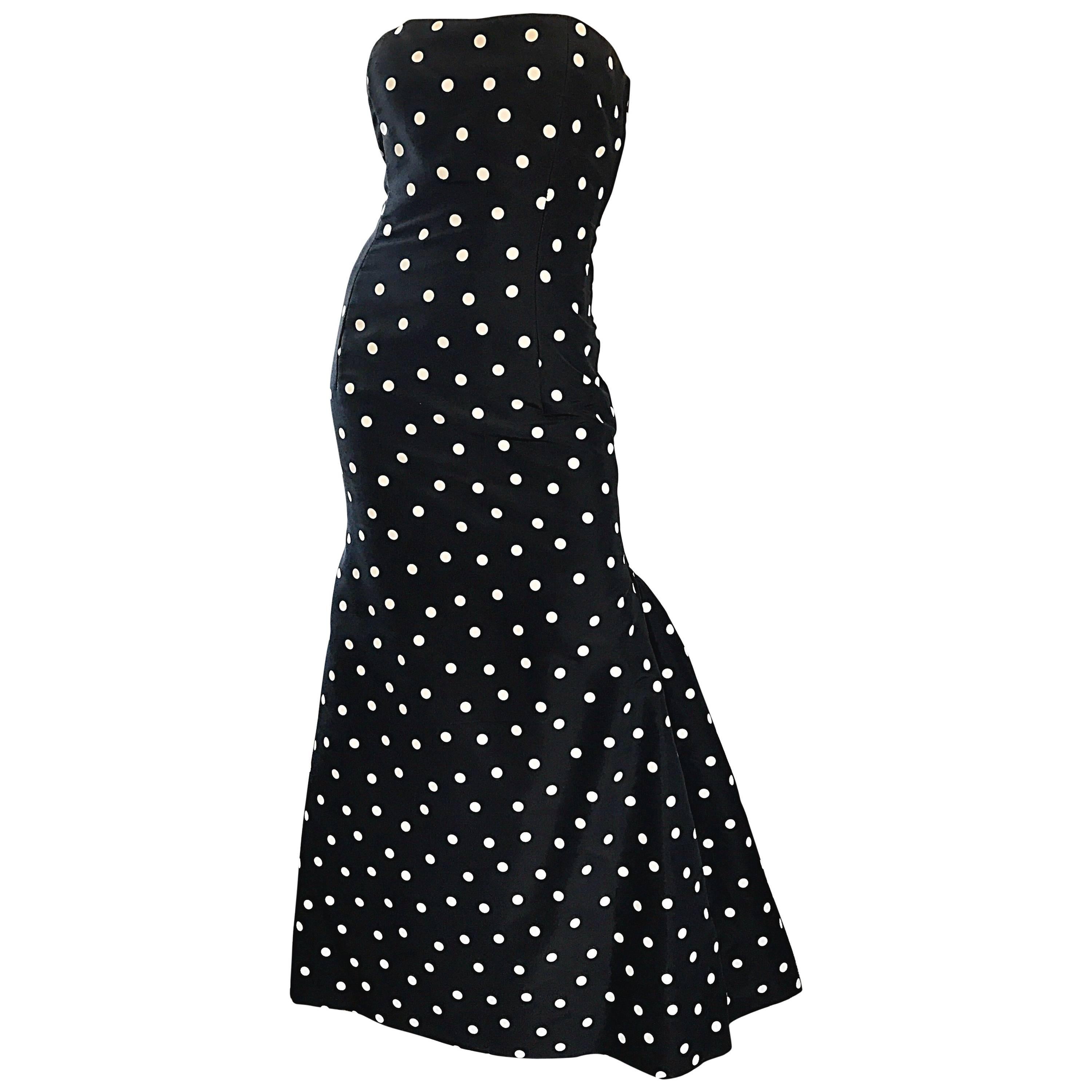 Vintage Oscar de la Renta Black and White Polka Dot Strapless Mermaid Gown Dress
