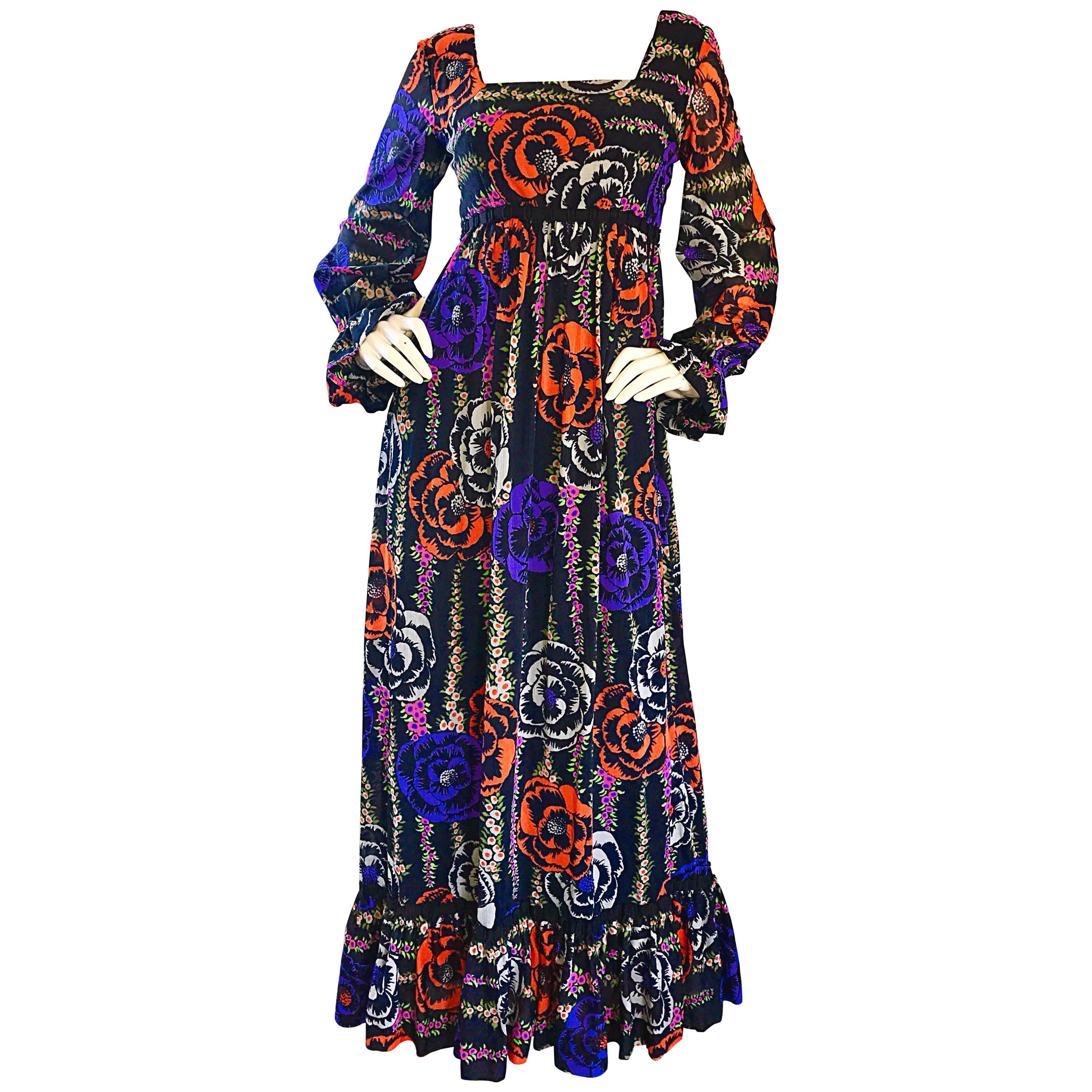 1970s Lilly Pulitzer ' The Lilly ' Black Colorful Vintage 70s Boho Maxi Dress  For Sale
