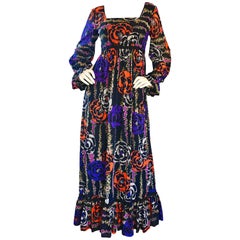 1970s Lilly Pulitzer ' The Lilly ' Black Colorful Used 70s Boho Maxi Dress 