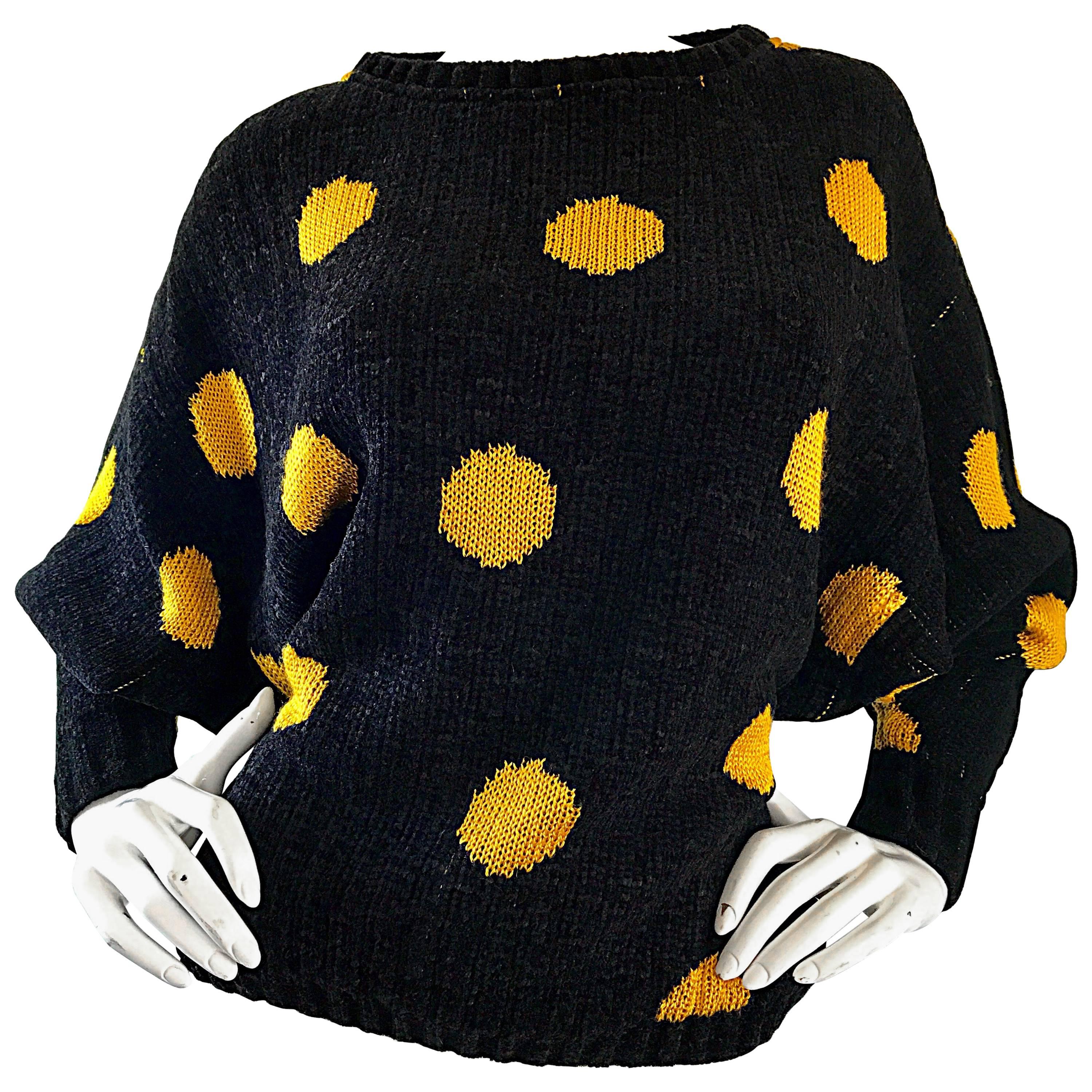 Rare Vintage Gianni Versace Early 1980s Intarsia Black Yellow Polka Dot Sweater