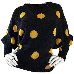 Rare Retro Gianni Versace Early 1980s Intarsia Black Yellow Polka Dot Sweater