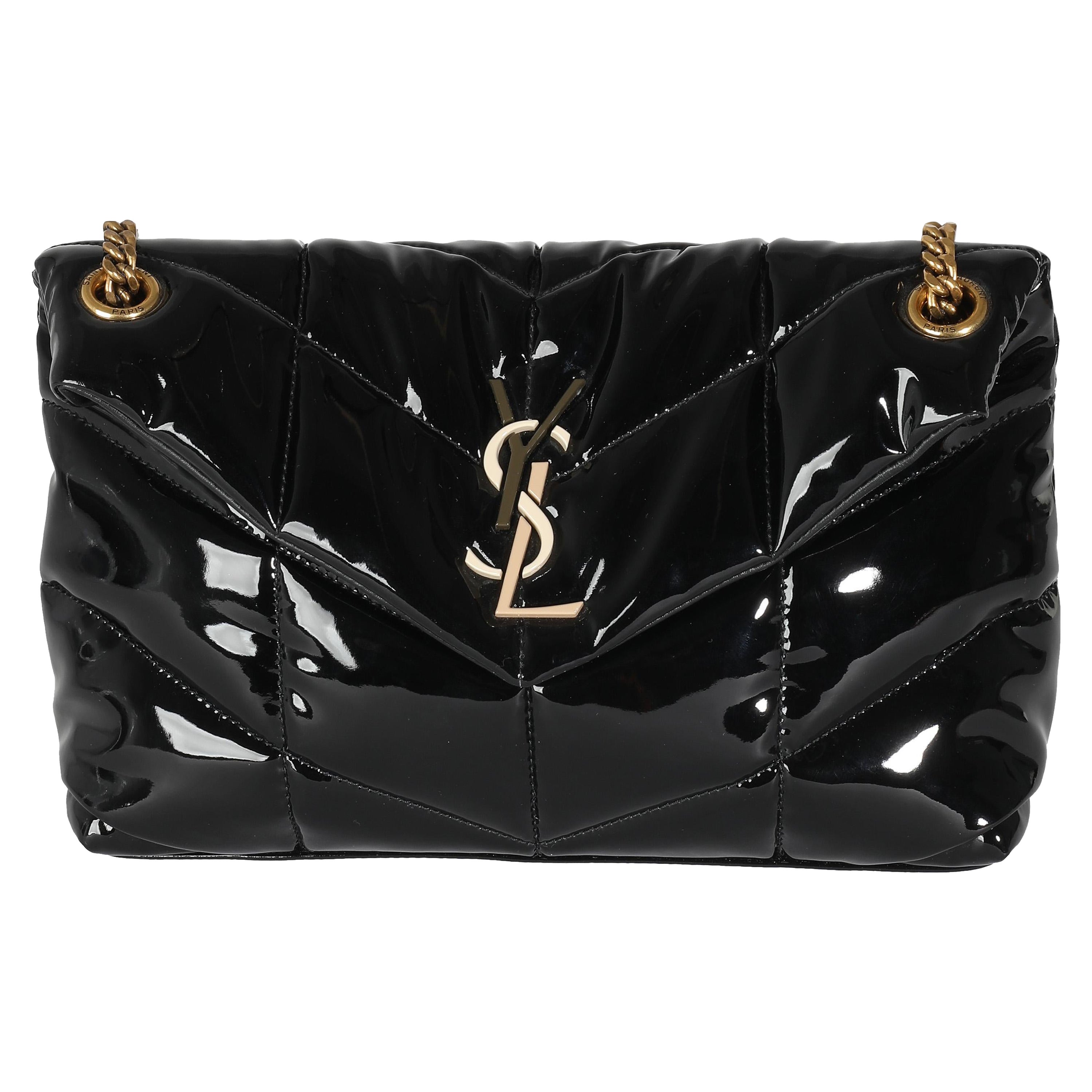Saint Laurent Black Quilted Patent Small Lou Puffer Chain Bag For Sale