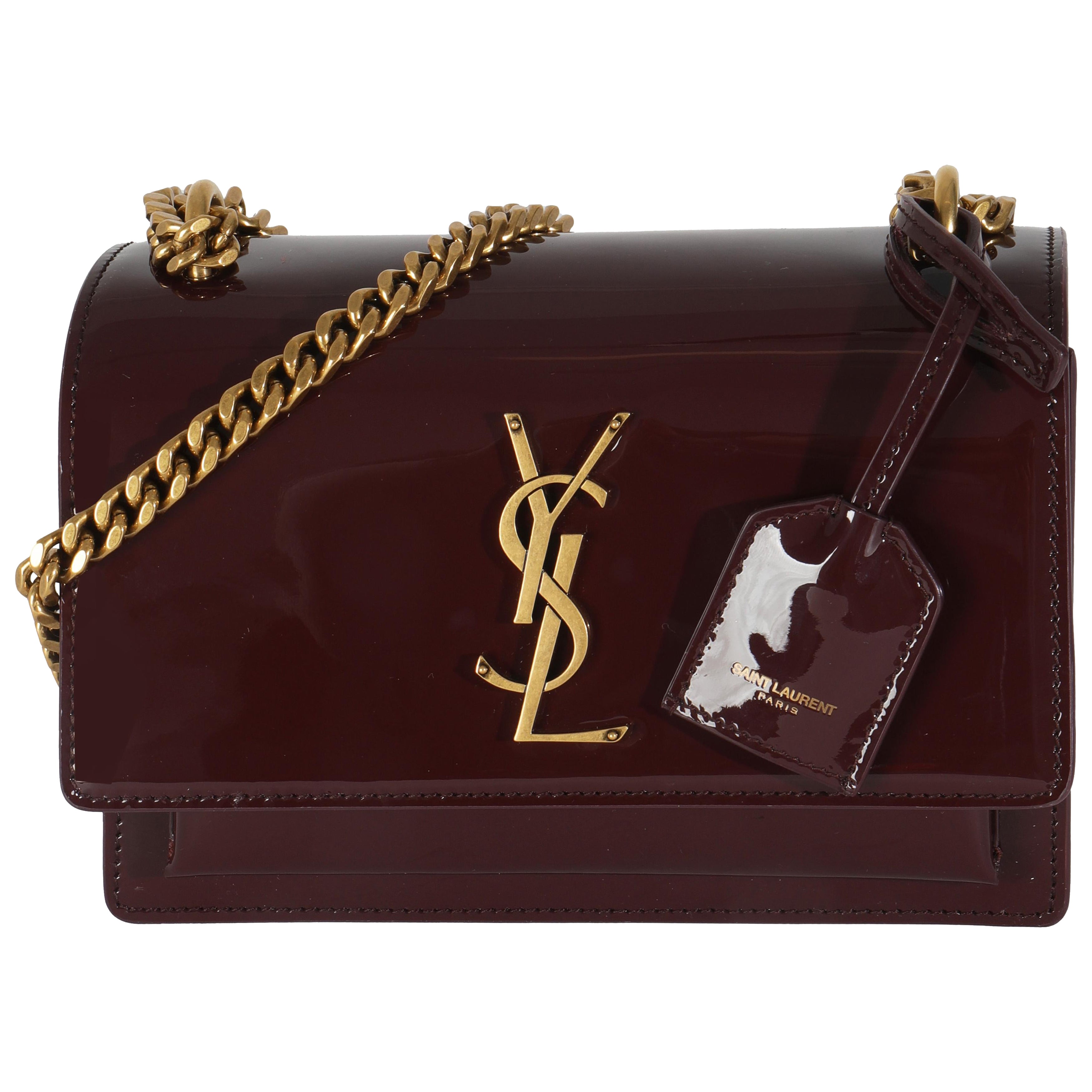 Saint Laurent Red Wine Patent Monogram Small Sunset Bag For Sale