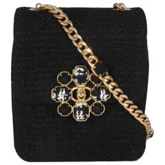 Chanel Black Wool Tweed Camellia Flower Mini Flap Bag