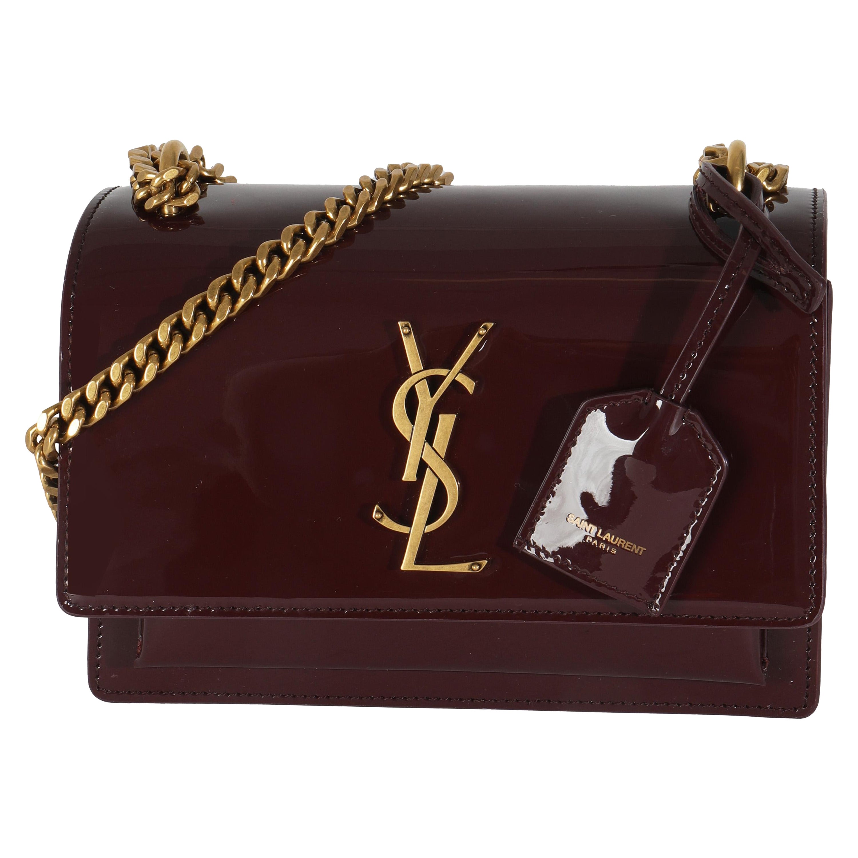 Saint Laurent Red Wine Patent Monogram Small Sunset Bag For Sale