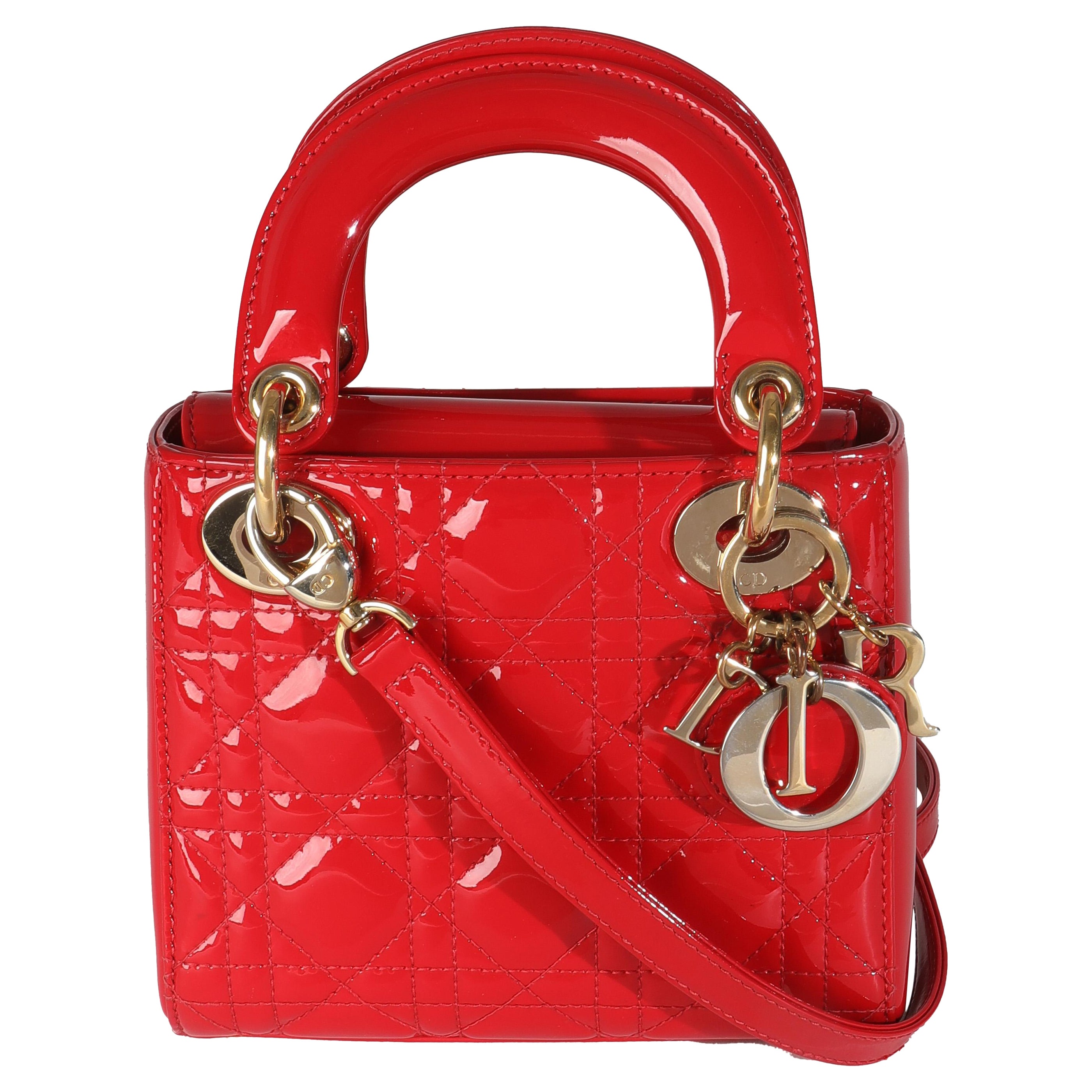 Christian Dior Red Patent Cannage Mini Lady Dior For Sale
