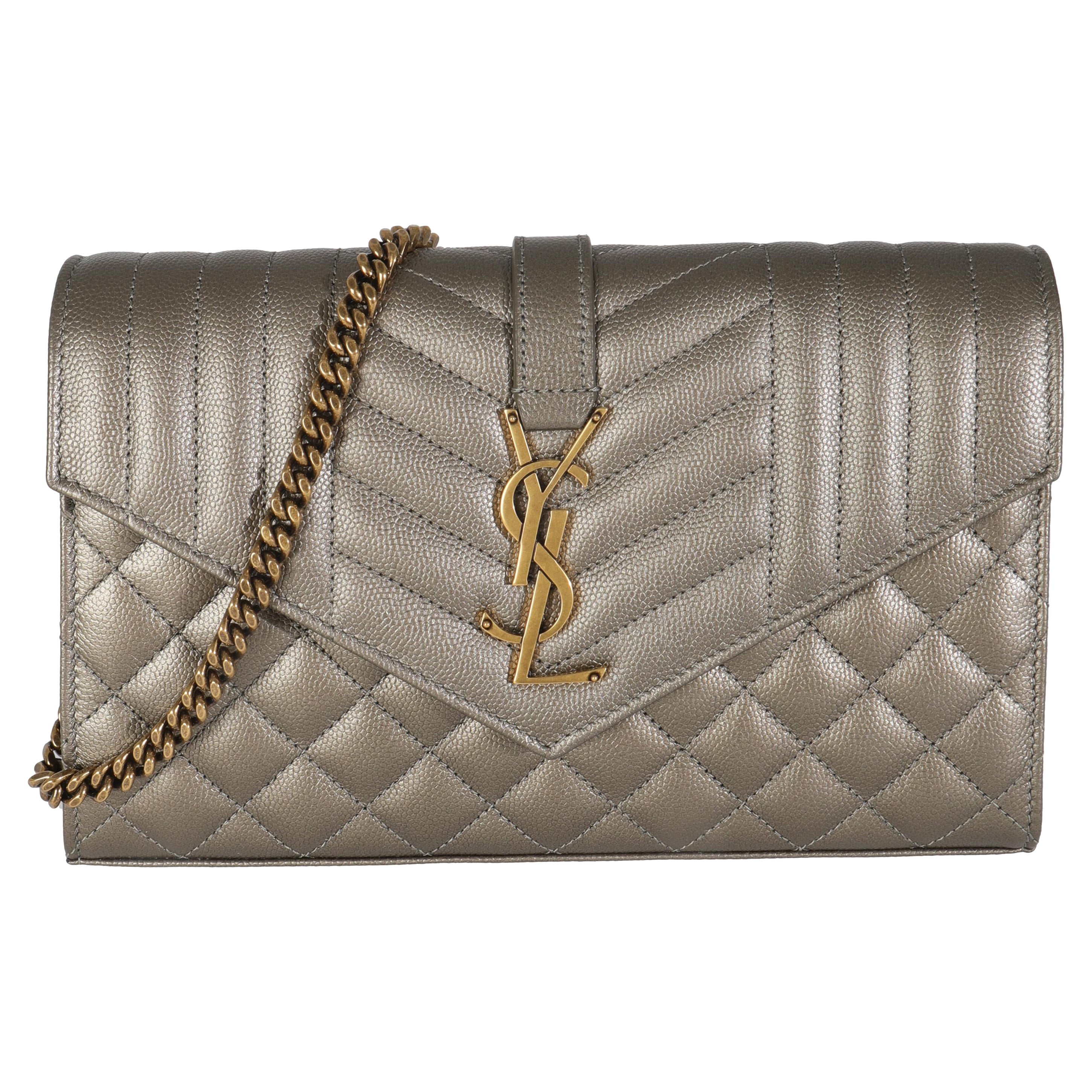 Saint Laurent Piombo Tri-Quilted Grain De Poudre Cassandre Chain Wallet