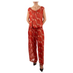 1990S Rust Red Silk Blend Chiffon Jacquard Oversized Pant Suit