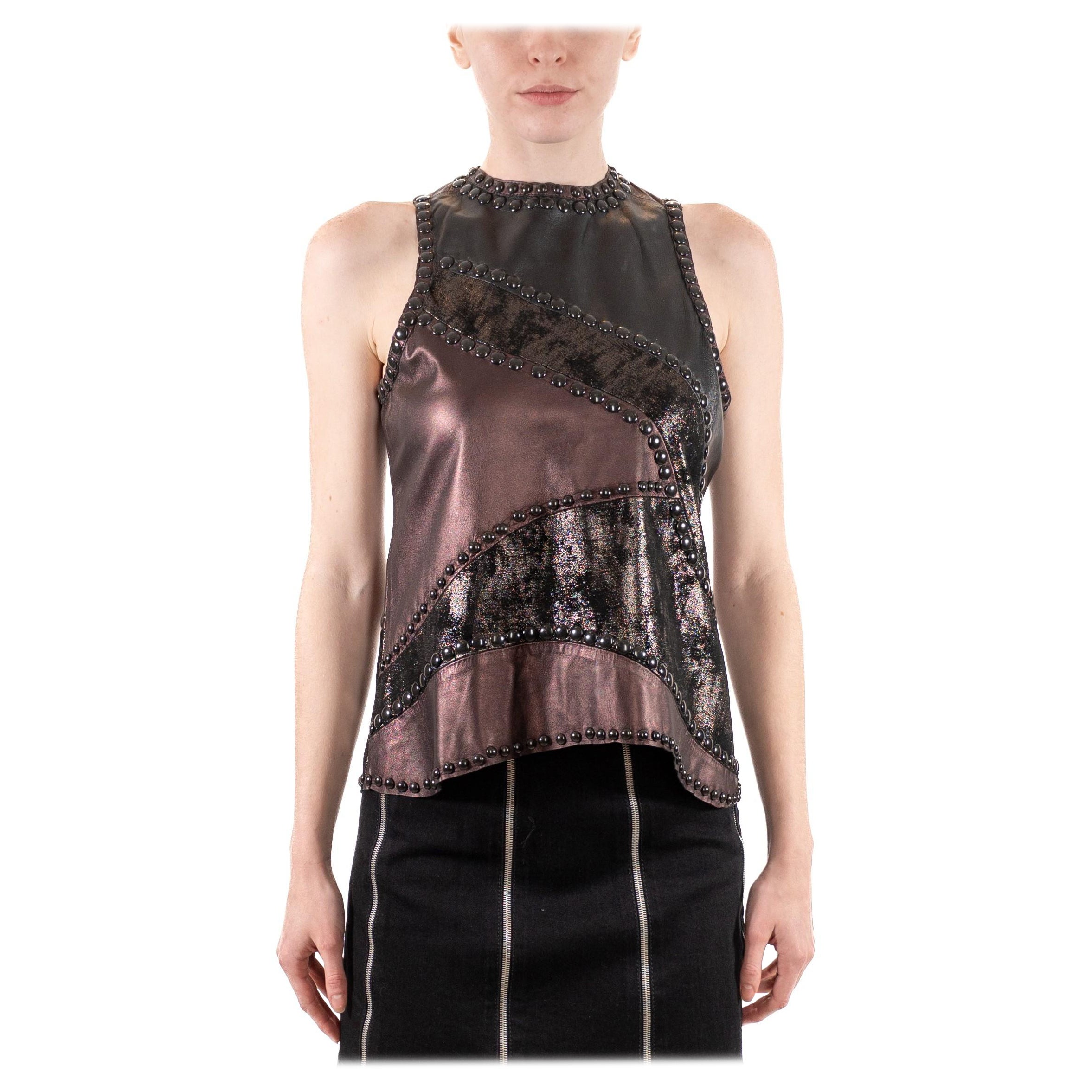 2000S - Top patchwork en cuir noir métallisé clouté en vente