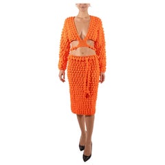 1960S Orange Hand Knit Wrap Top & Skirt Ensemble