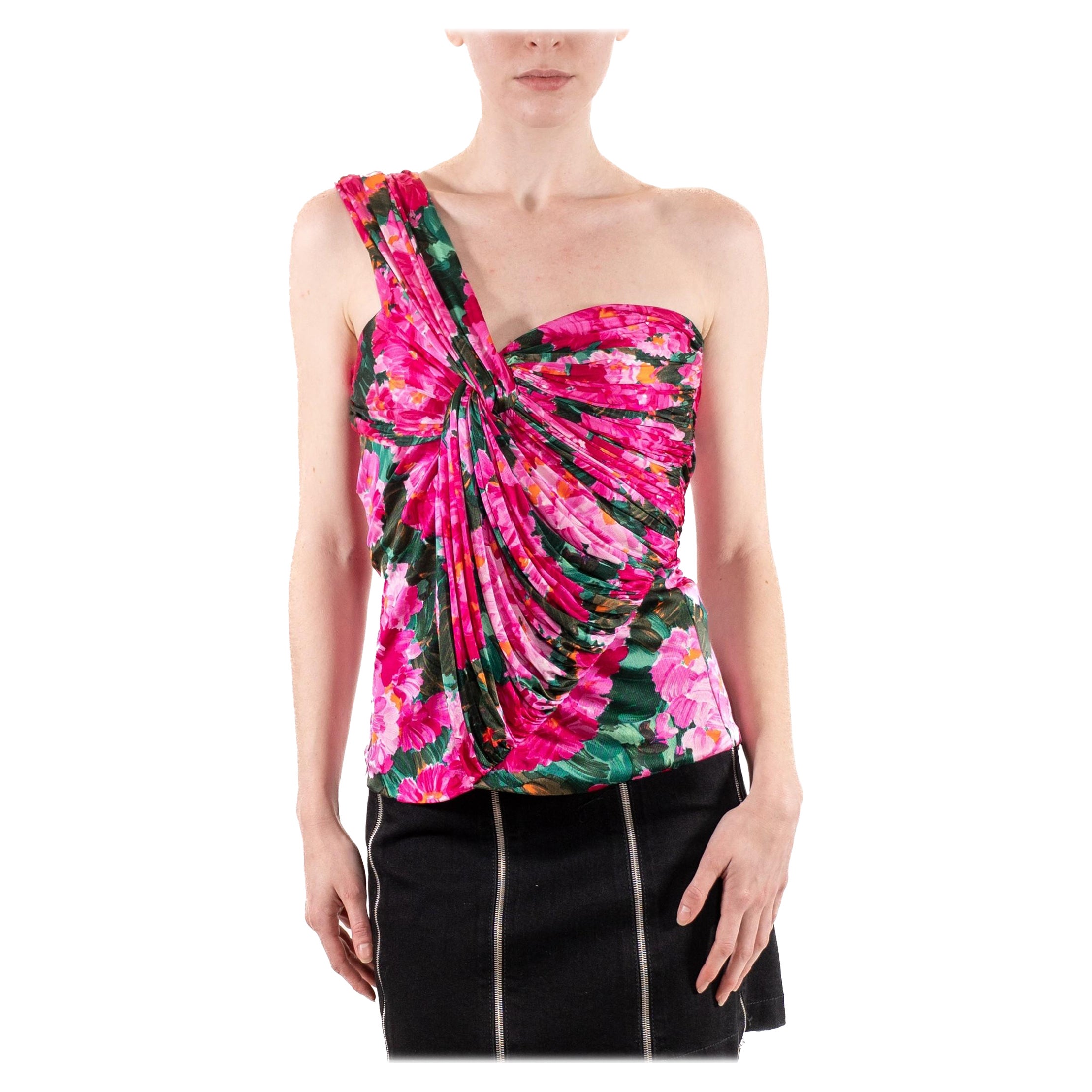 2000S Nicolas Ghesquiere Balenciaga Top en jersey rose vif à fleurs en rayonne mélangée en vente