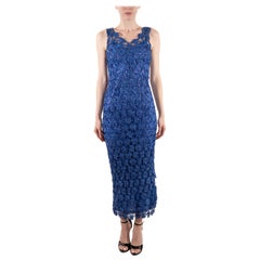 Vintage 1930S Sapphire Blue Rayon Floral Ribbon-Work Lace  Dress With Crystals