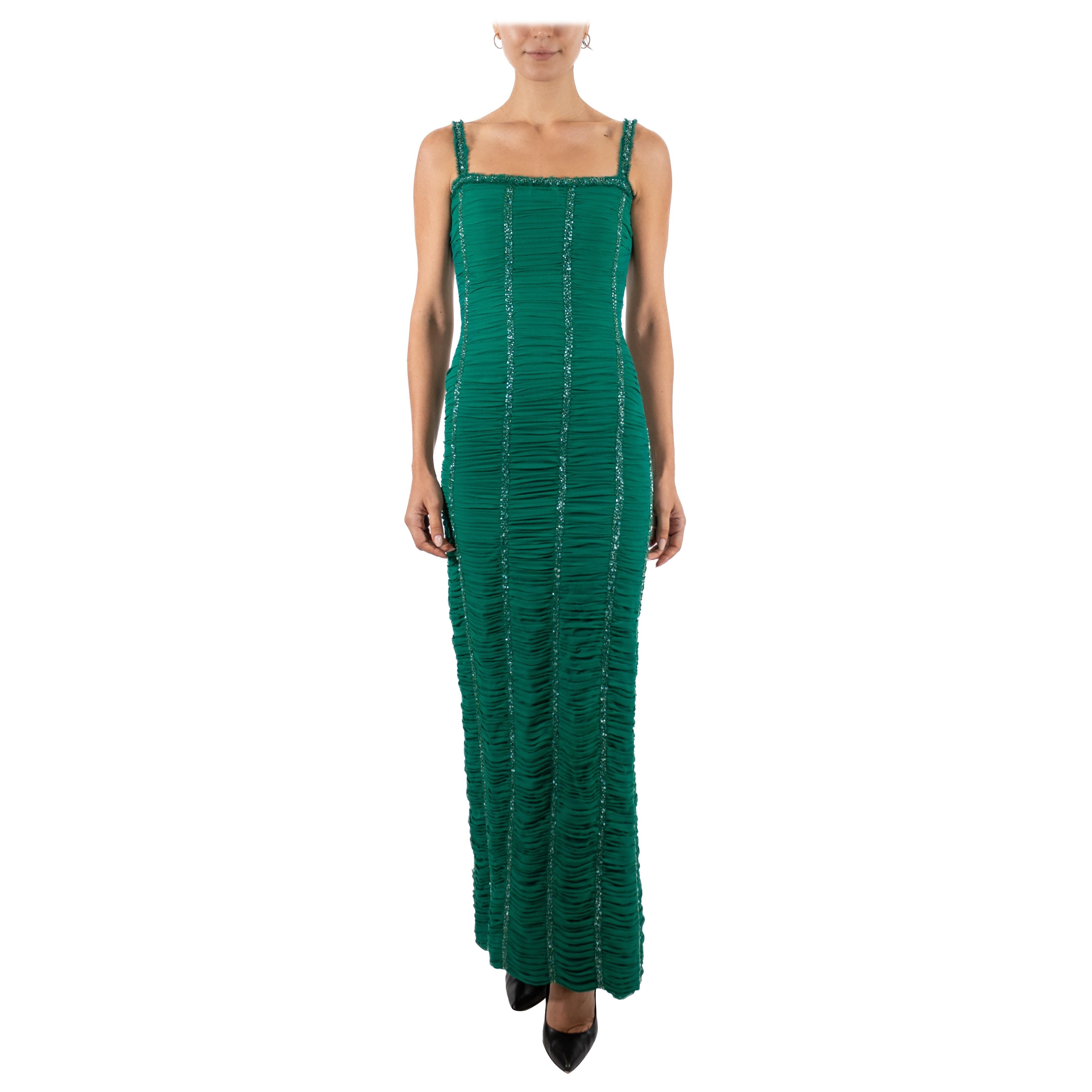 1990S Green Beaded Silk Chiffon Gown For Sale