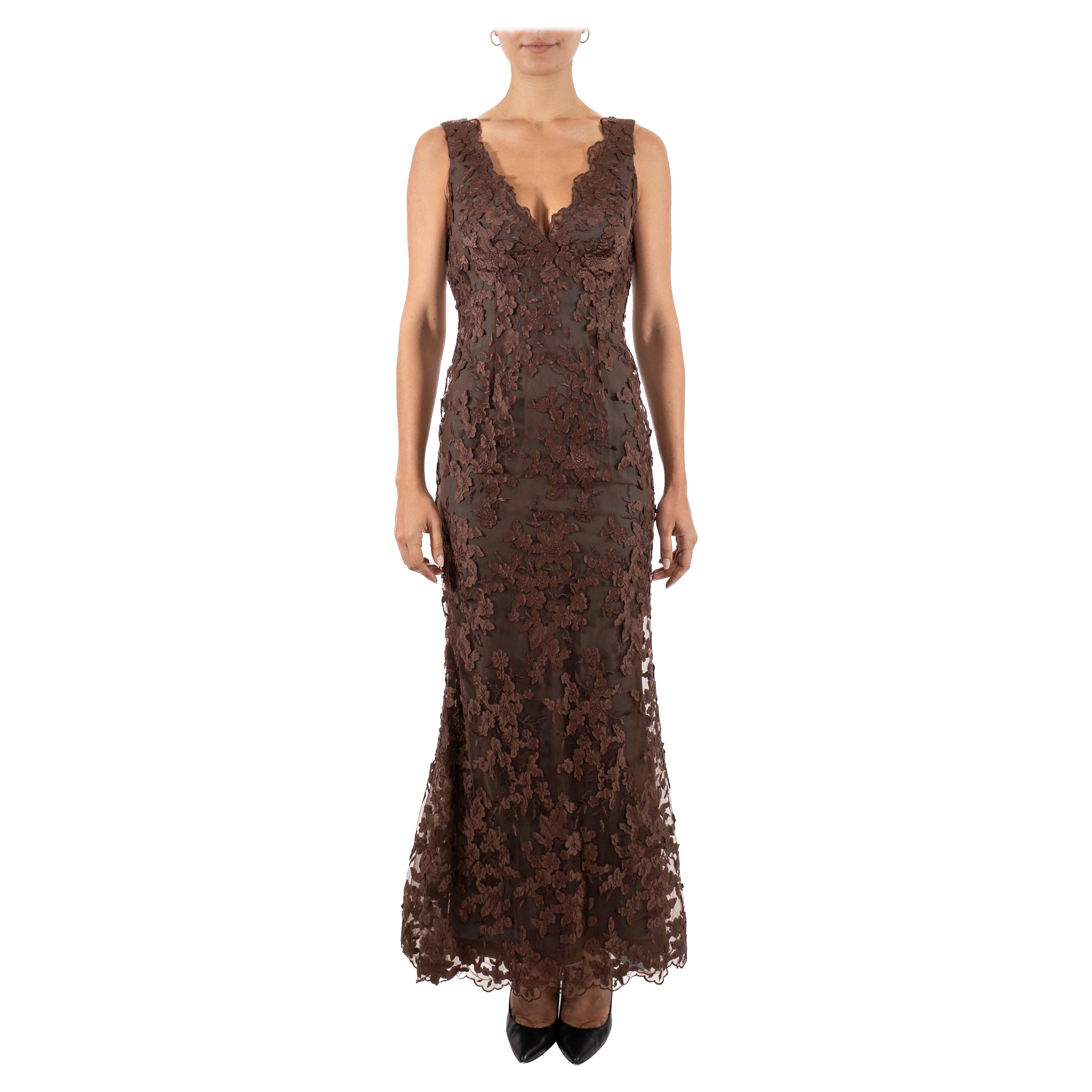 1990S Chocolate Brown Rayon & Silk Burnout Chiffon Gown For Sale