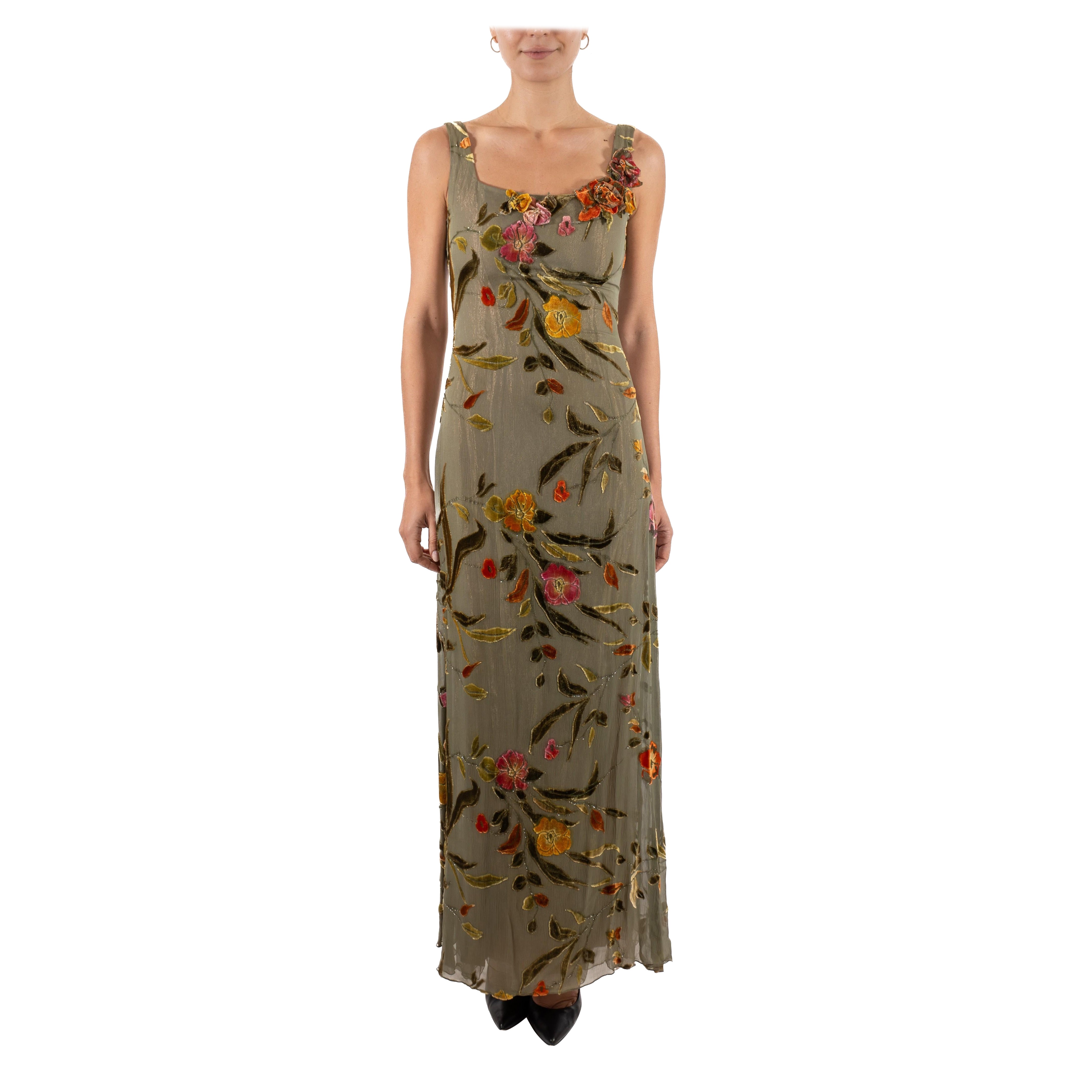 1990S Metallic Floral Rayon & Silk Burnout Velvet Gown For Sale