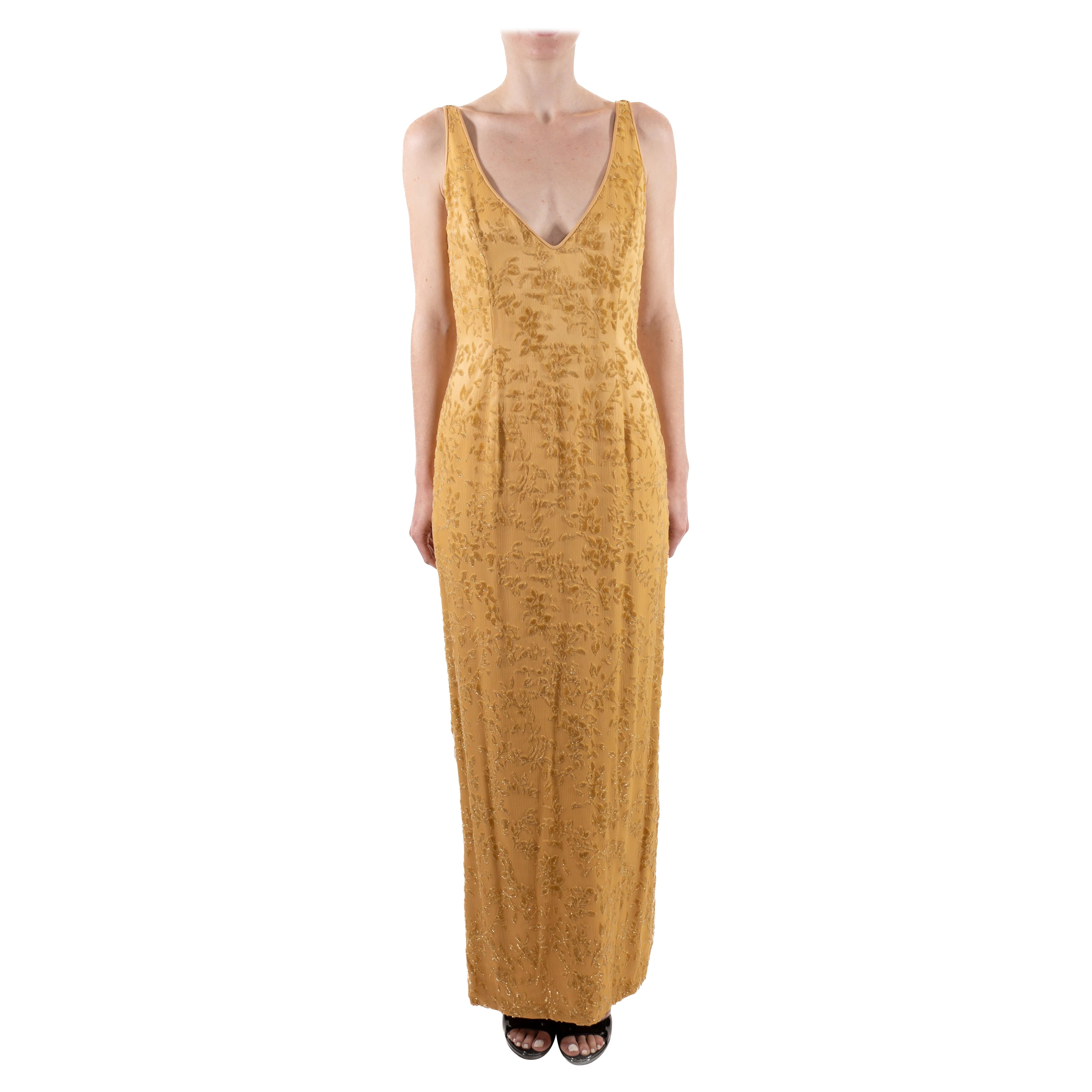 1990S Yellow & Gold Silk Lurex Burnout Velvet Gown For Sale
