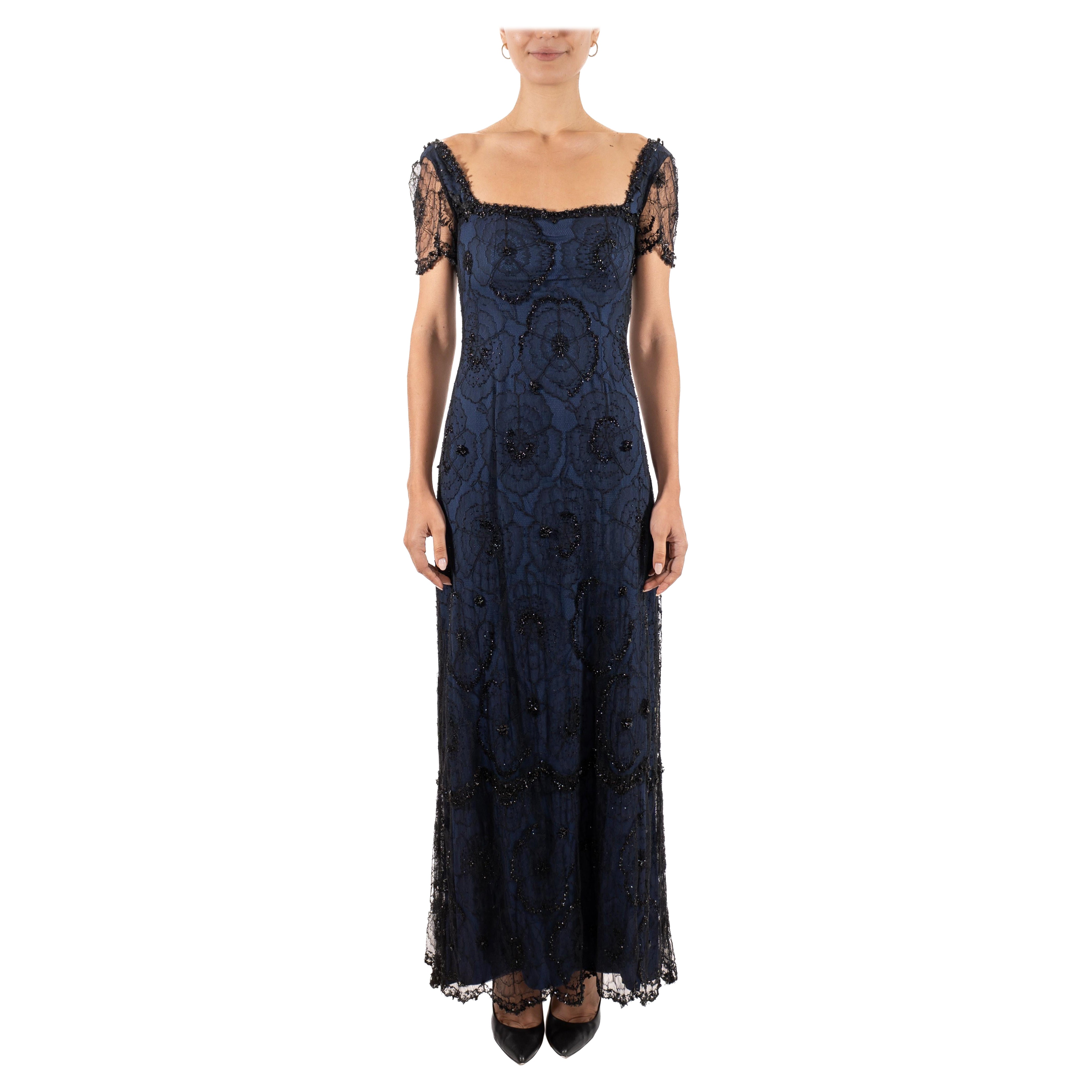 1990S Black & Navy Rayon Silk Beaded Lace Titanic Inspired Gown For Sale