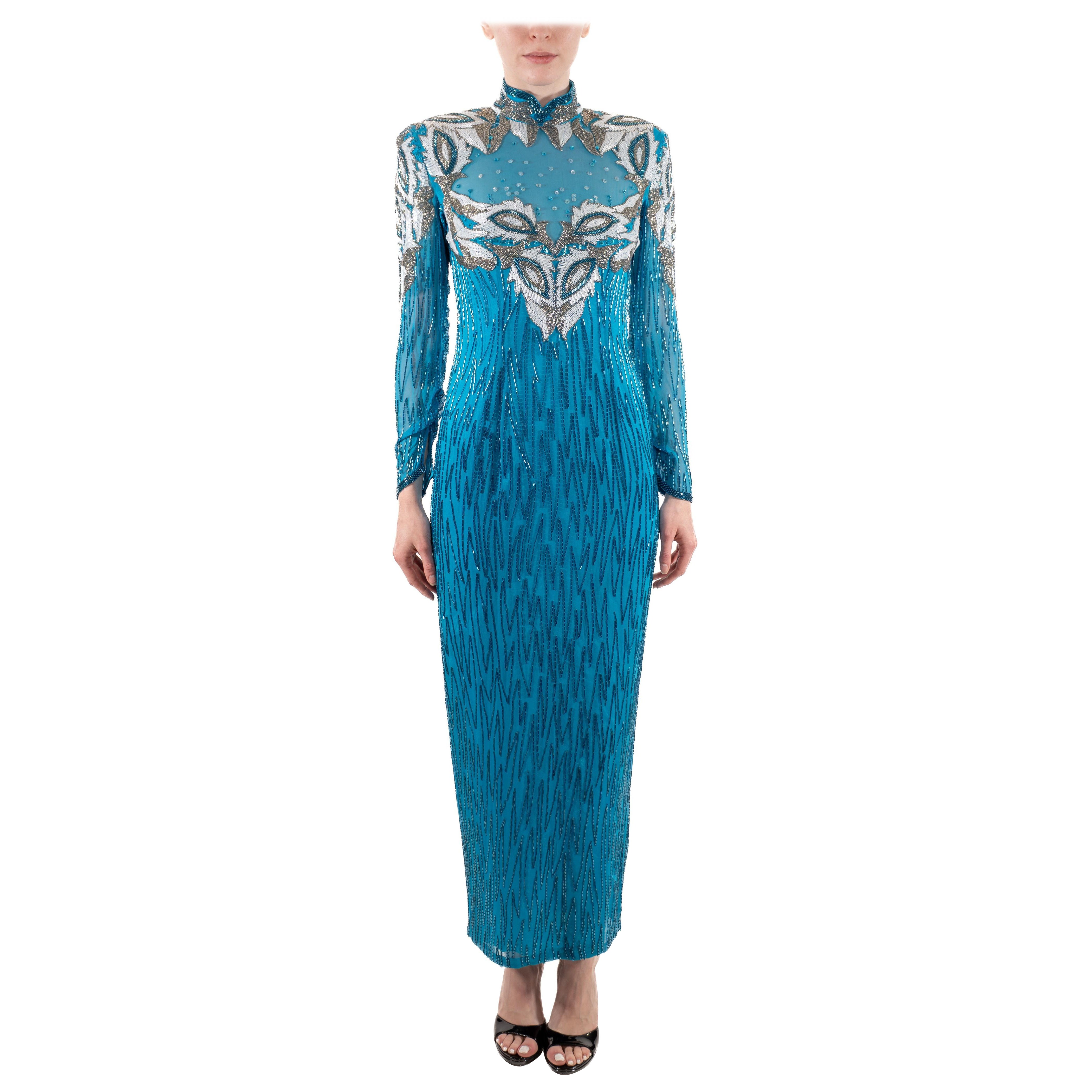 1980S Electric Blue Beaded Silk Chiffon Dynasty Gown With Sleeves For Sale