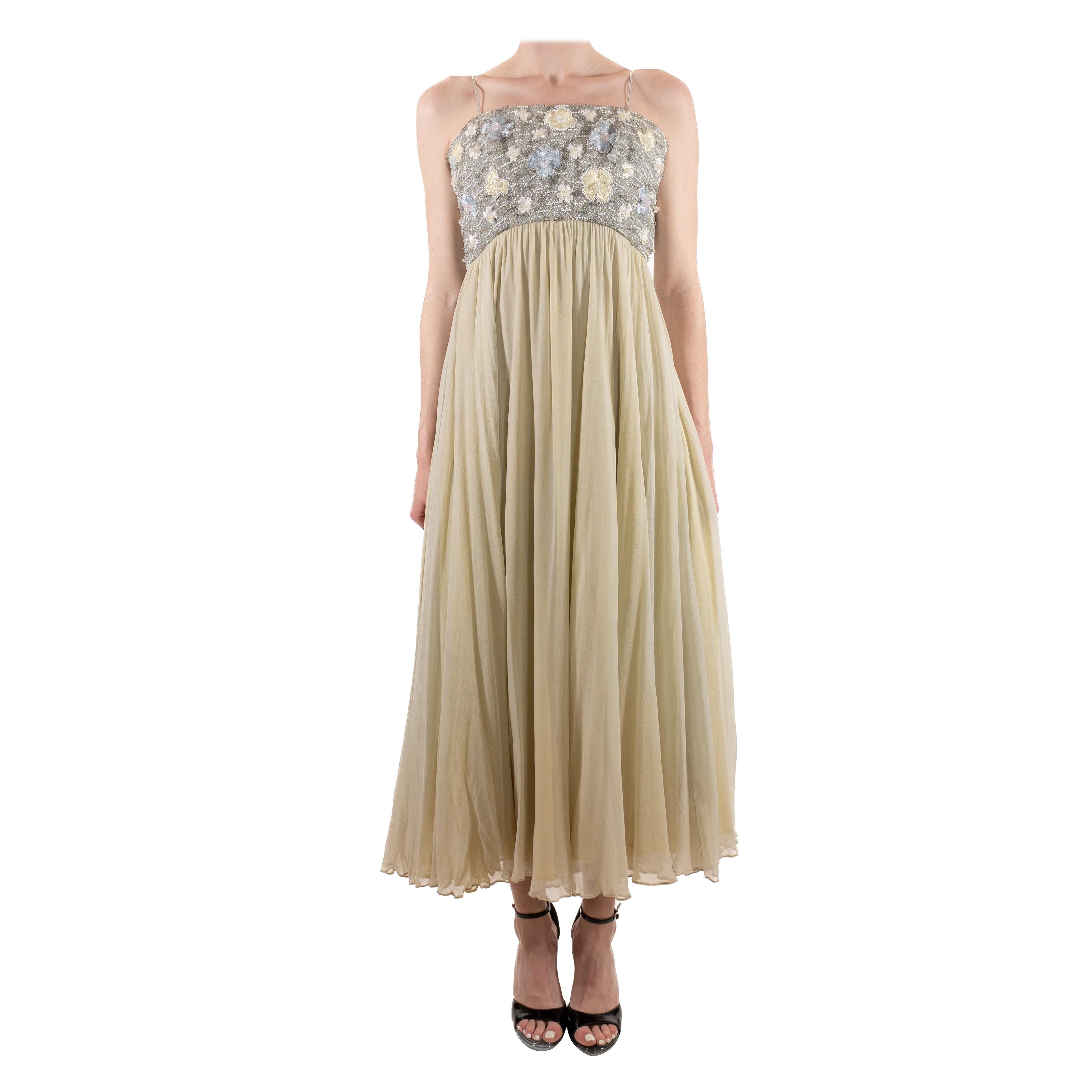 1960S Oyster Grey & Mint Green Silk Chiffon Silver Beaded Bodice Gown For Sale