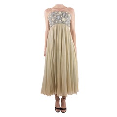 1960S Oyster Grey & Mint Green Silk Chiffon Silver Beaded Bodice Gown