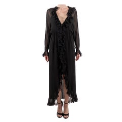 1970S Bill Blass Black Silk Chiffon With Lace Ruffles Dress