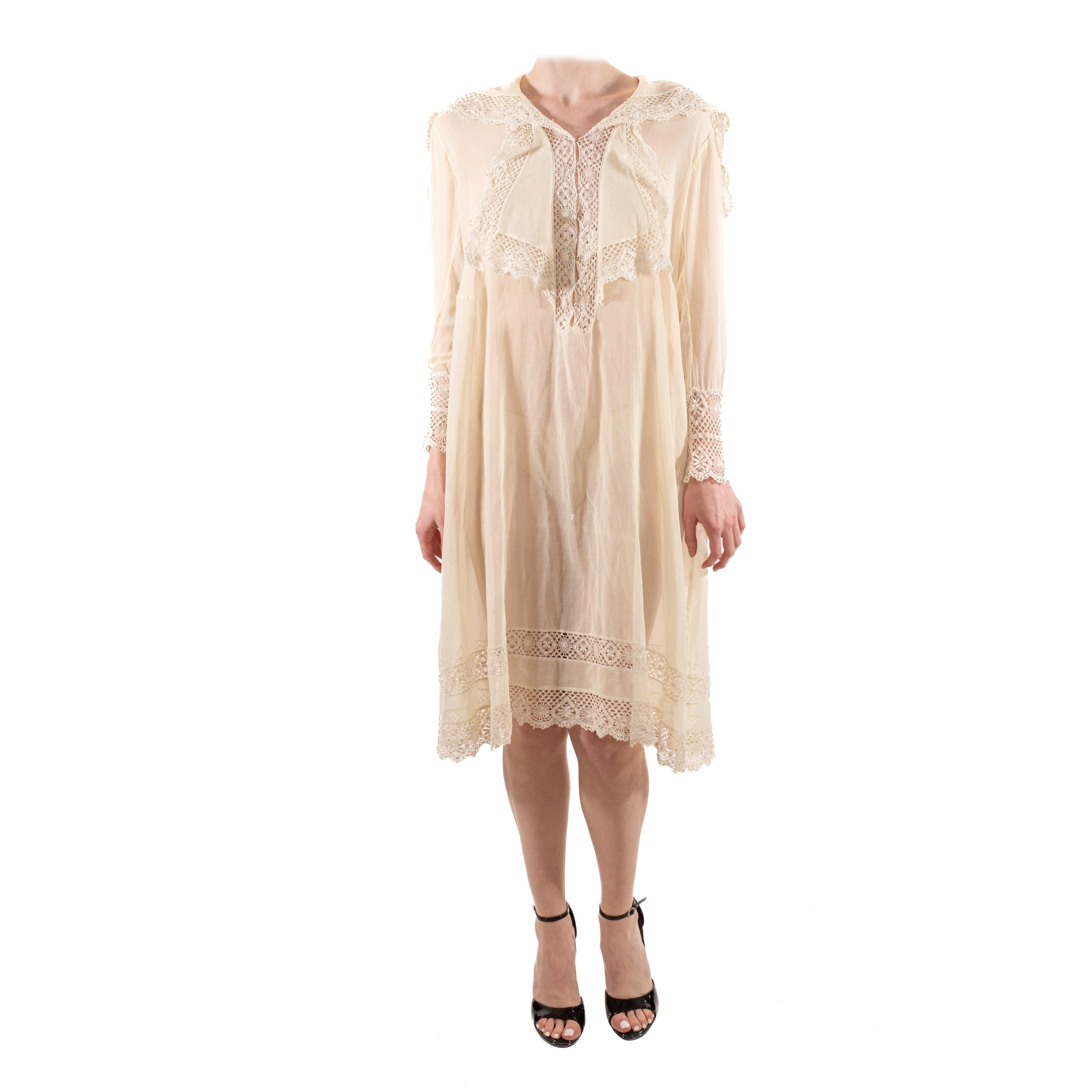1920S Off White Sheer Organic Cotton & Lace Long Sleeve Tunic Dress For Sale