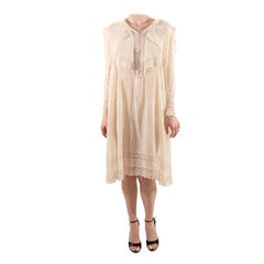 Antique 1920S Off White Sheer Organic Cotton & Lace Long Sleeve Tunic Dress