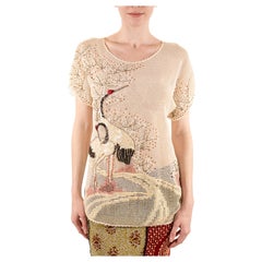 1980S Off White Hand Beaded Cotton Crochet Lace Crane Top (Top de grue en coton crocheté perlé à la main)