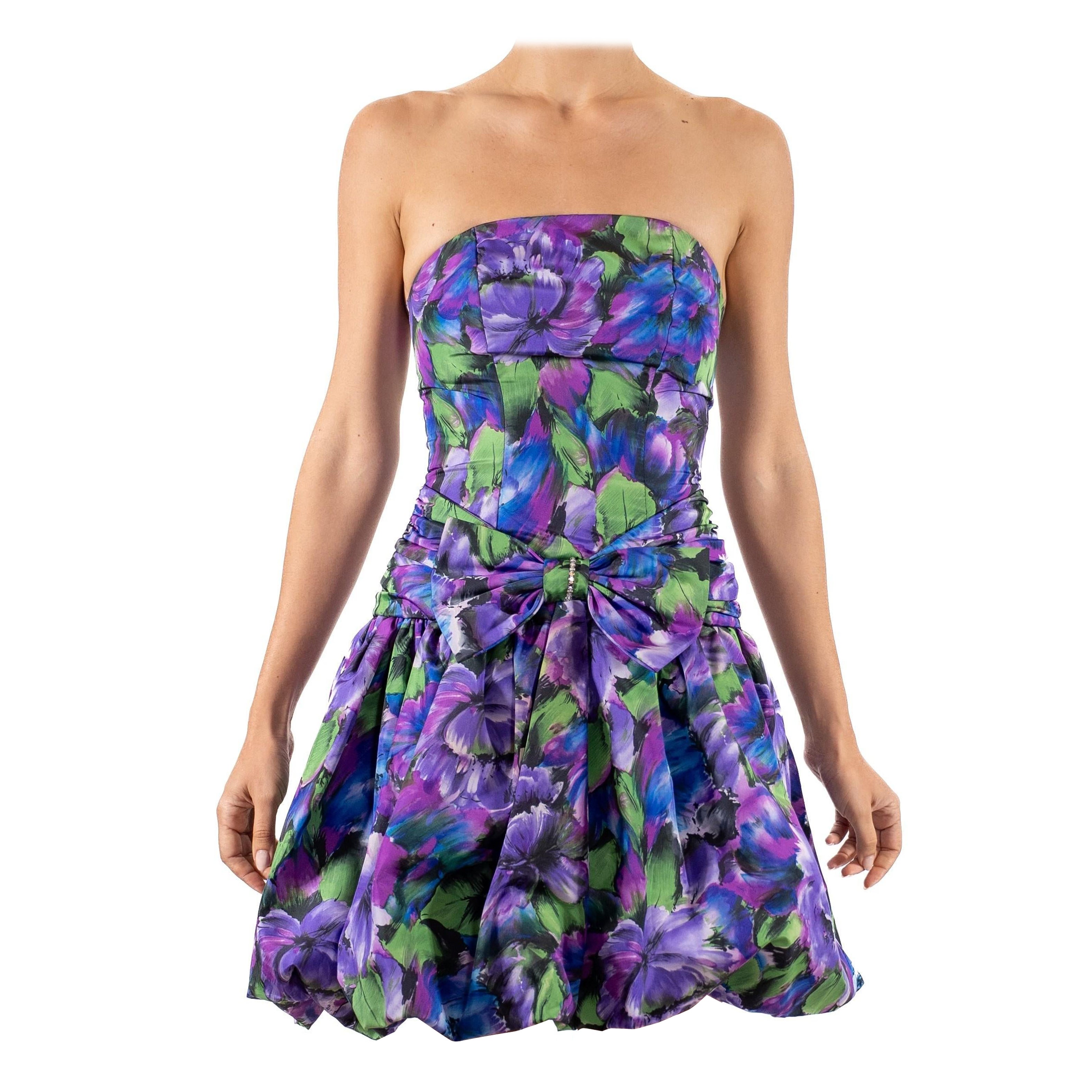 1990S Green & Purple Floral Polyester Taffeta Strapless Mini  Dress With Front For Sale