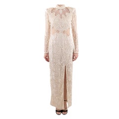 1980S Pearl White Slinky Beaded Lace Long Sleeved Gown With Sheer Panels