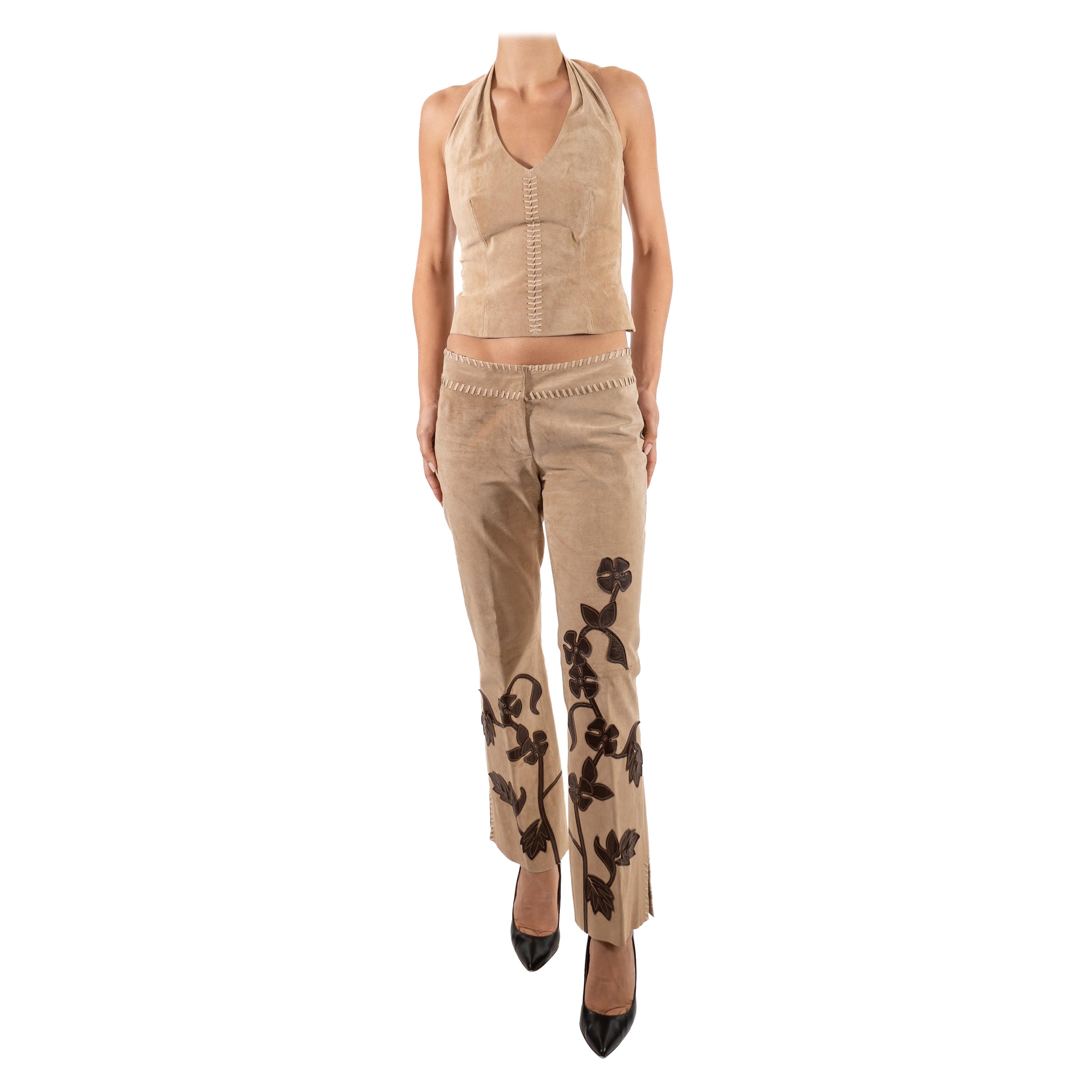 1990S Beige & Brown Floral Appliqué Suede Halter Top Pants Ensemble For Sale