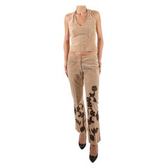 1990S Beige & Brown Floral Appliqué Suede Halter Top Pants Ensemble