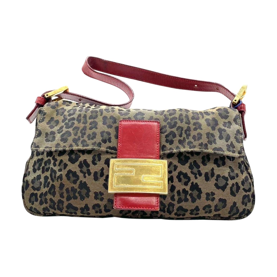 Fendi Baguette Denim Leopard Print with Red Leather Gold Hardware For Sale