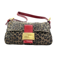 Fendi Baguette Denim Leopard Print with Red Leather Gold Hardware