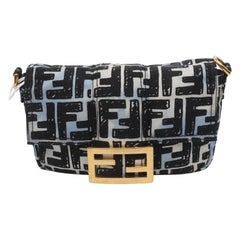 Fendi Baguette Mini Blue Black Zucca Nylon Gold Hardware Two-way Carry Bag