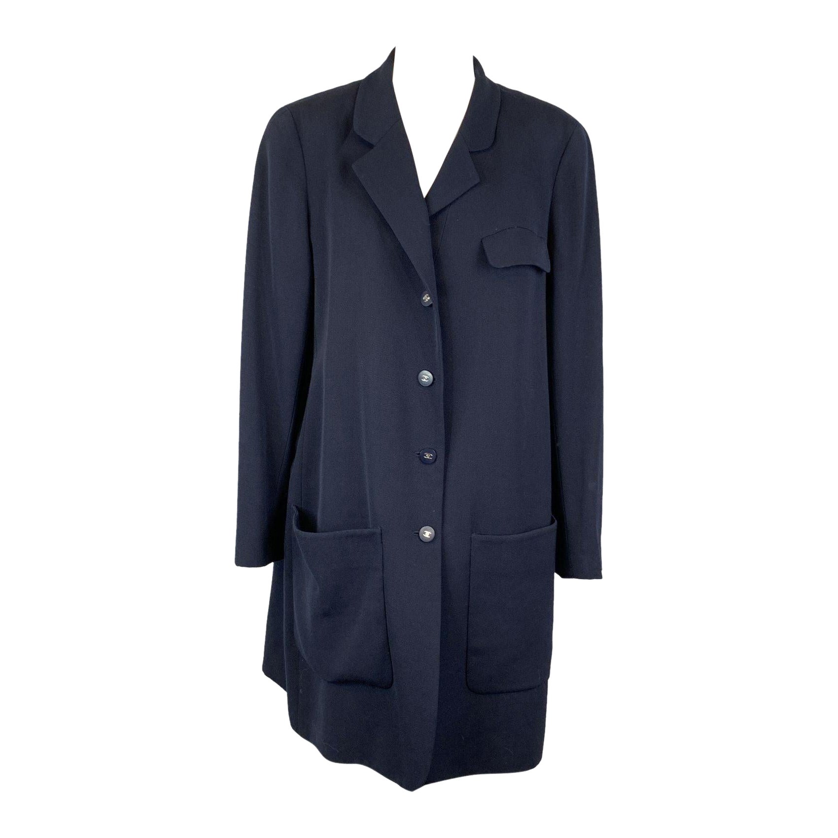 Chanel Vintage Navy Blue Wool Dust Coat Size 42 FR