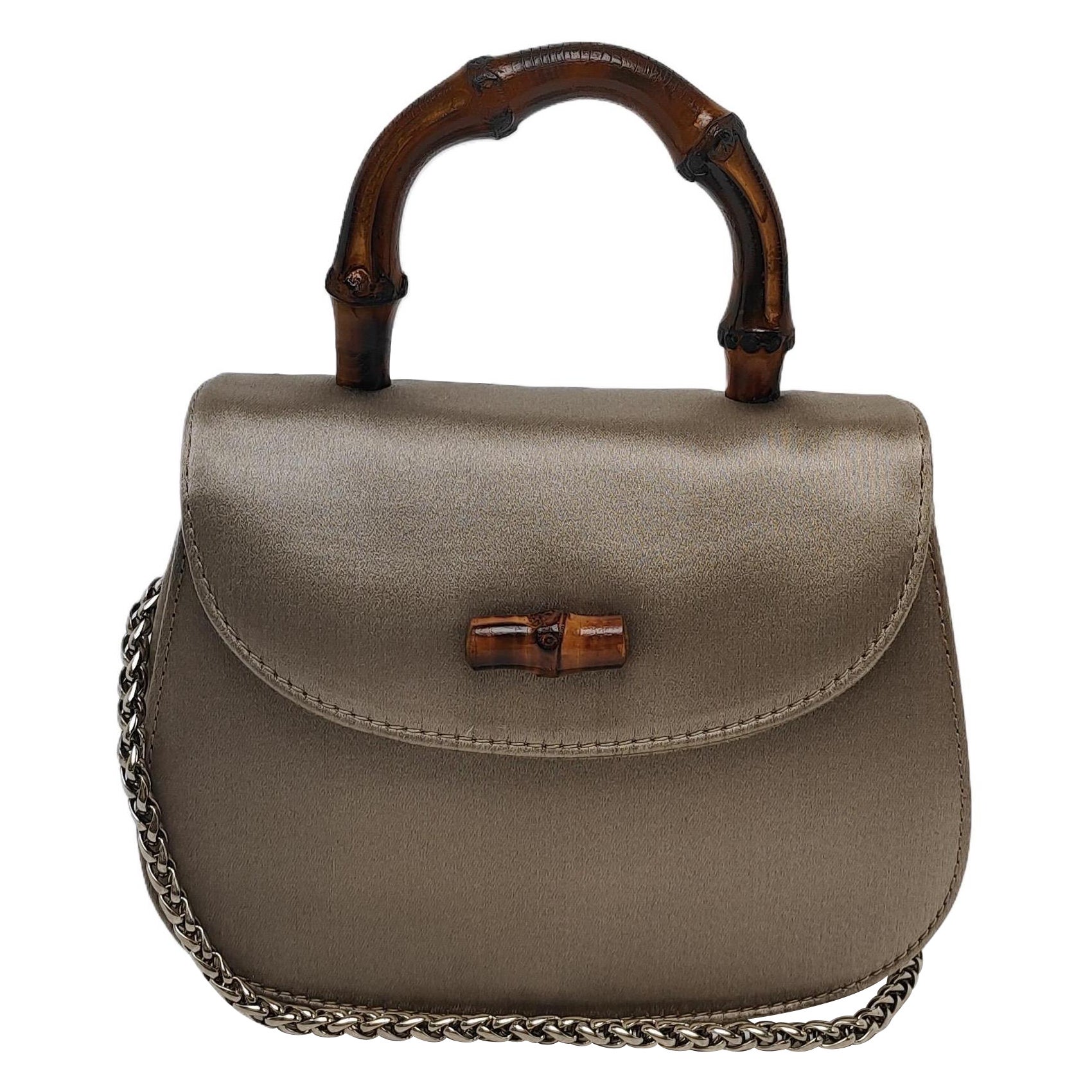Gucci Bamboo 1947 Night Super Mini Beige Silk Evening Bag with Chain