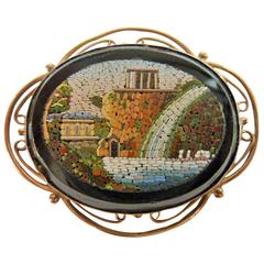 Broche italienne en or et onyx avec micro-mosaïque, années 1900 