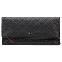 2010s Chanel Black Quilted Caviar Leather Beauty CC Foldover Clutch