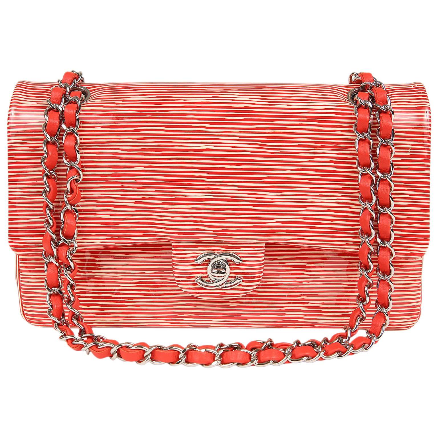 Chanel Red and Cream Striped Patent Leather Classic Flap- Medium