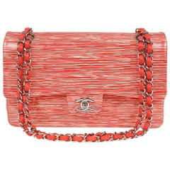 Chanel Red and Cream Striped Patent Leather Classic Flap- Medium