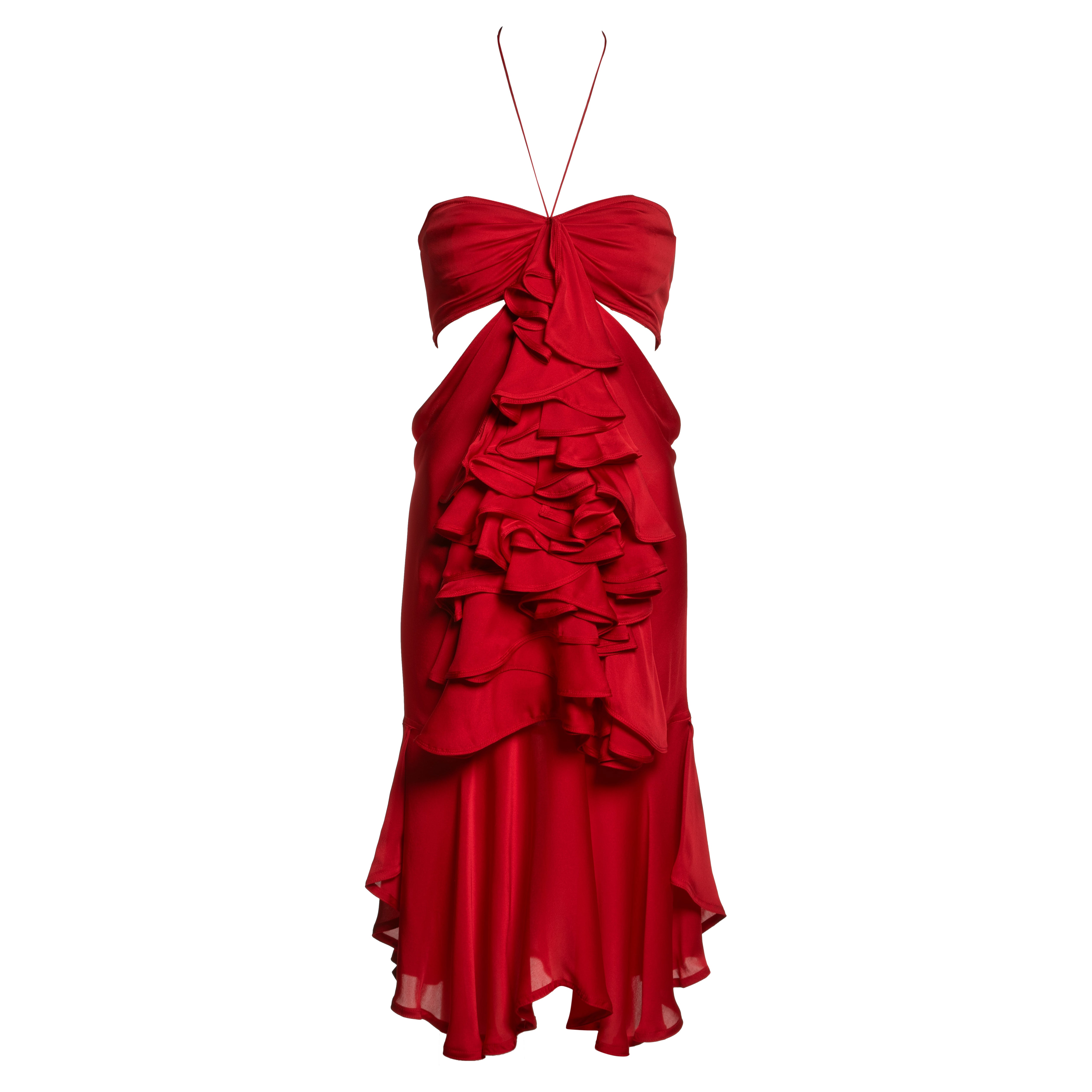 Yves Saint Laurent by Tom Ford Red Silk Halterneck Ruffle Dress, FW 2003 in vendita
