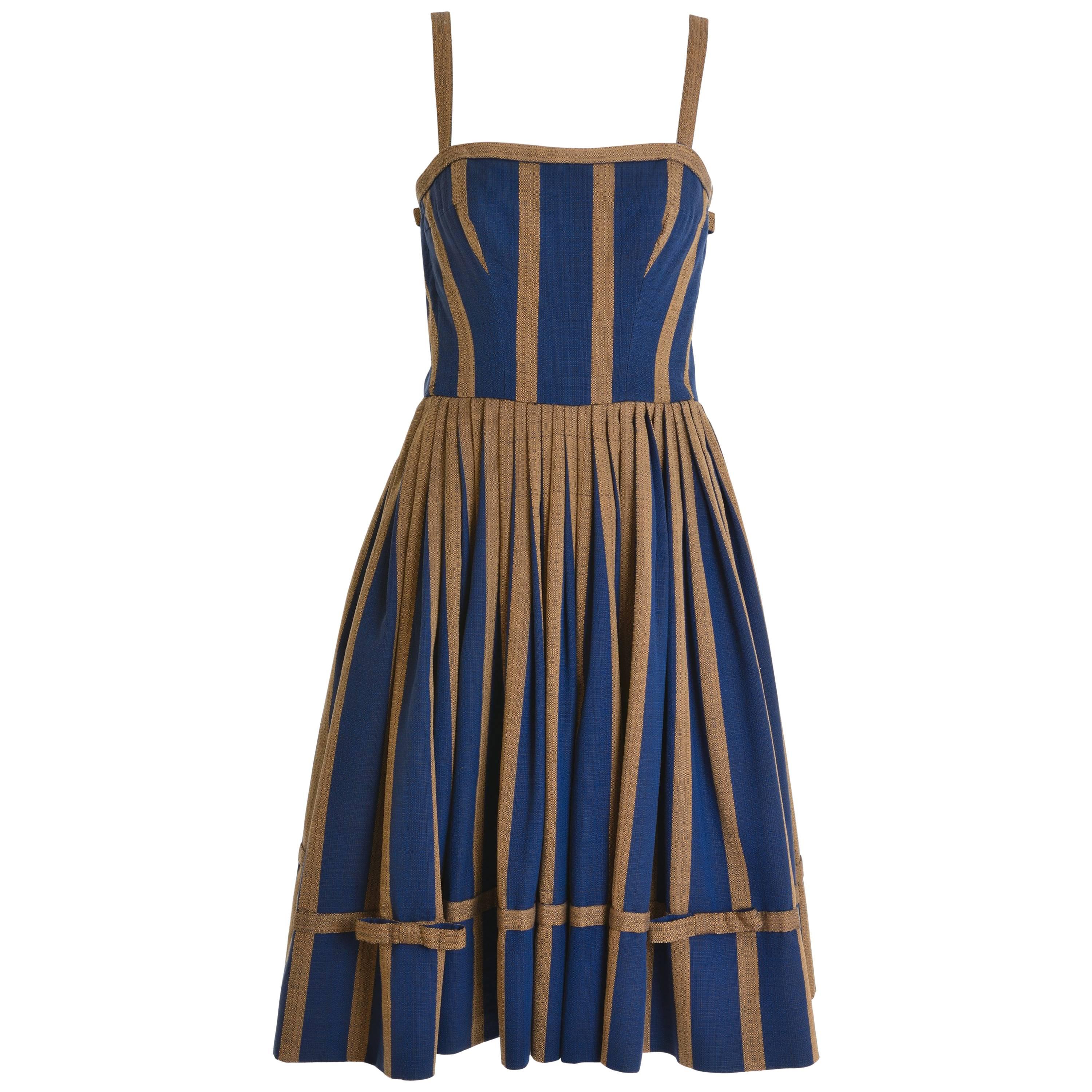 1950s Striped Cotton Spaghetti Strap Circle Skirt Dress For Sale