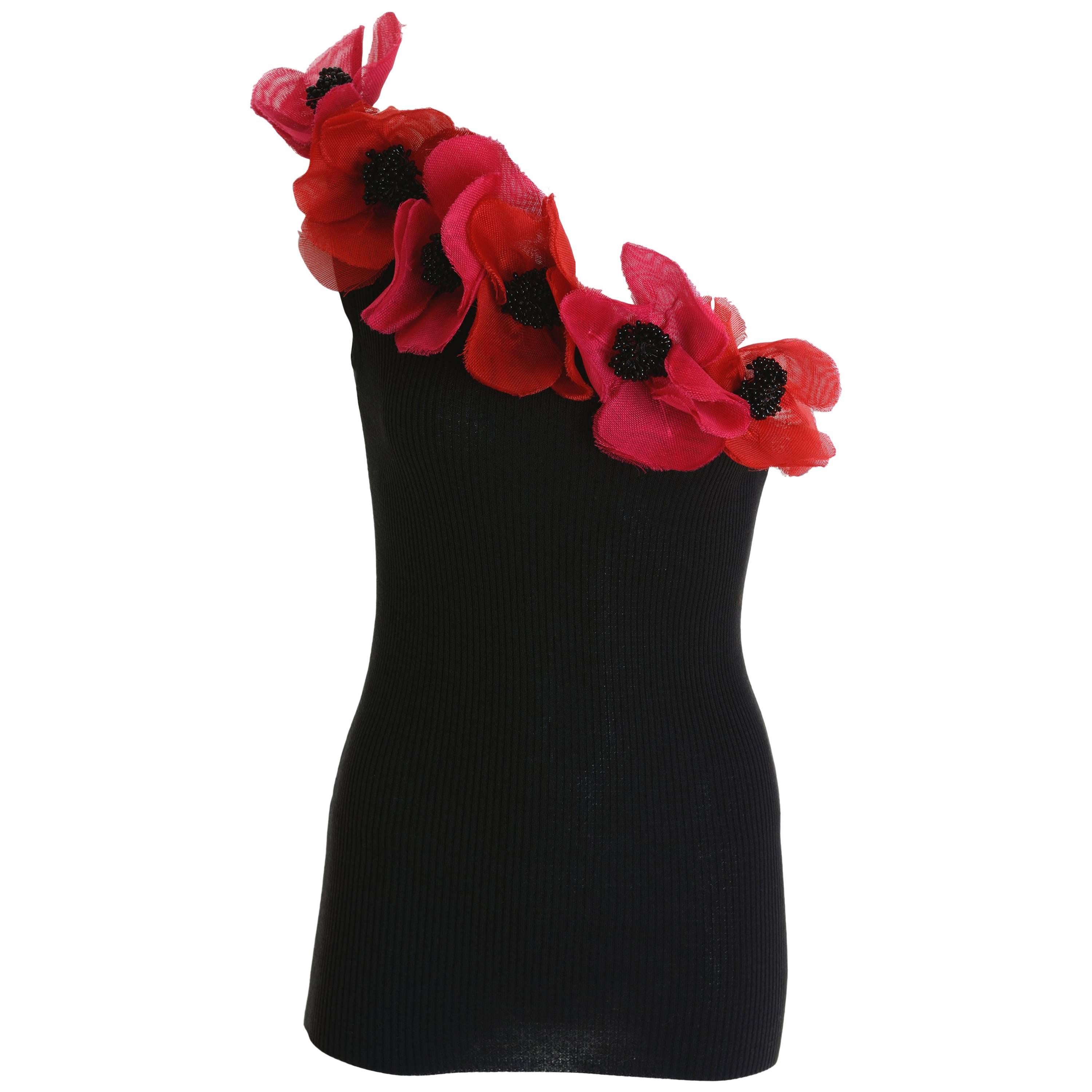 1990s YVES SAINT LAUREN Rive Gauche Black Top with Pin Flowers