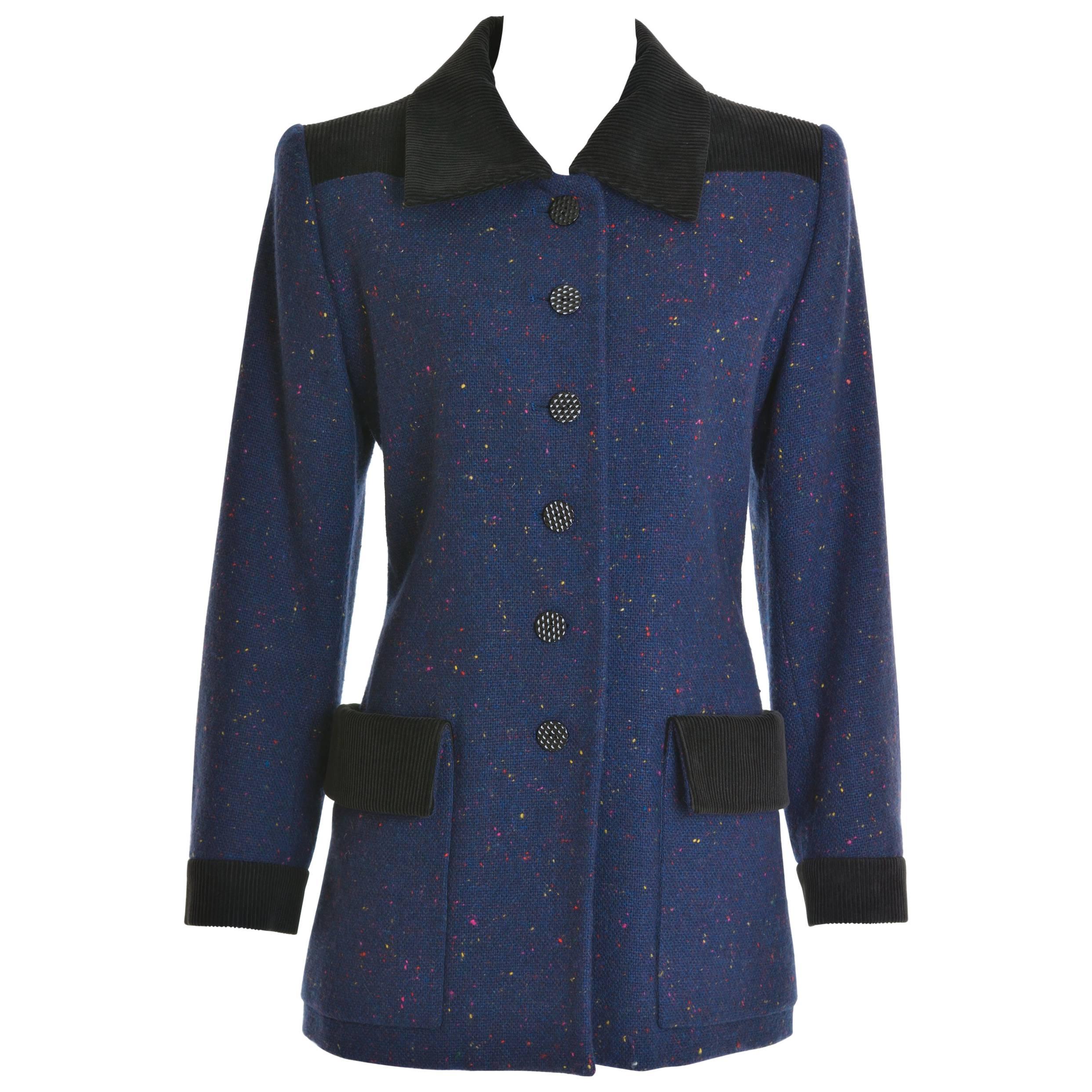 1980s YVES SAINT LAURENT Rive Gauche Blue Purple Wool Jacket  For Sale