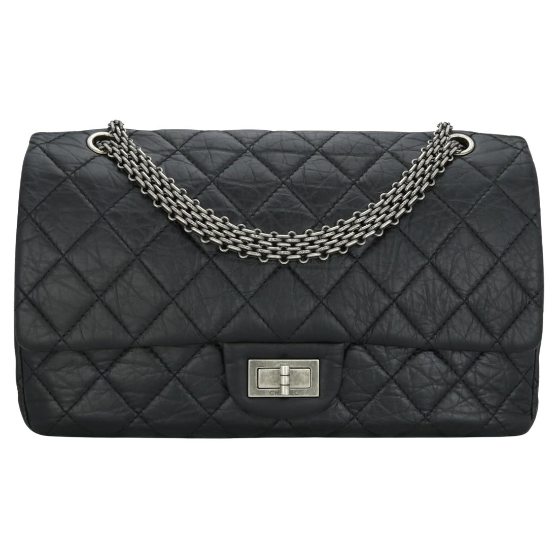 CHANEL 2.55 Reissue 227 Flap Bag Black Aged Calfskin Ruthenium Hardware 2014