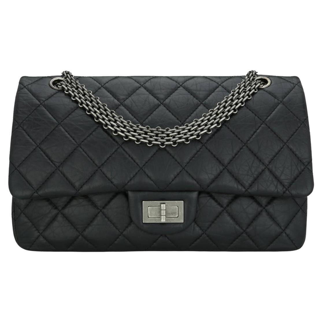 CHANEL 2.55 Reissue 227 Flap Bag Black Aged Calfskin Ruthenium Hardware 2014 For Sale