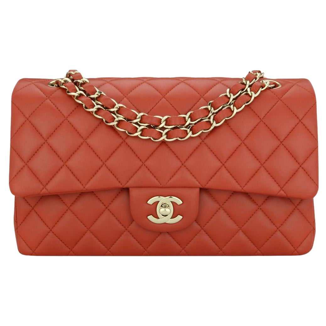 CHANEL Double Flap Medium Bag Brick Red Brown Lambskin Gold Hardware 2021 For Sale