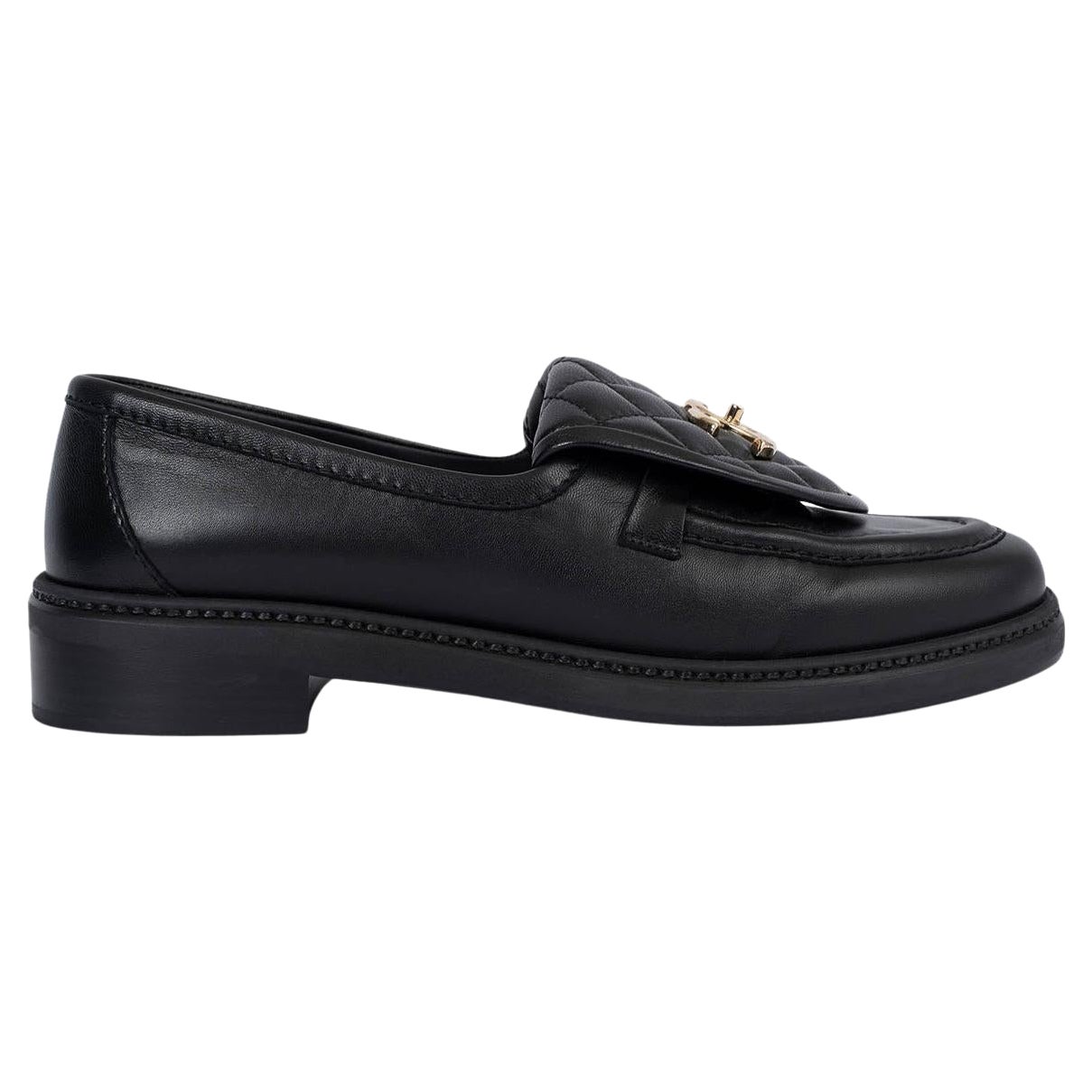 CHANEL cuero negro REV TURNLOCK Mocasines Zapatos 39